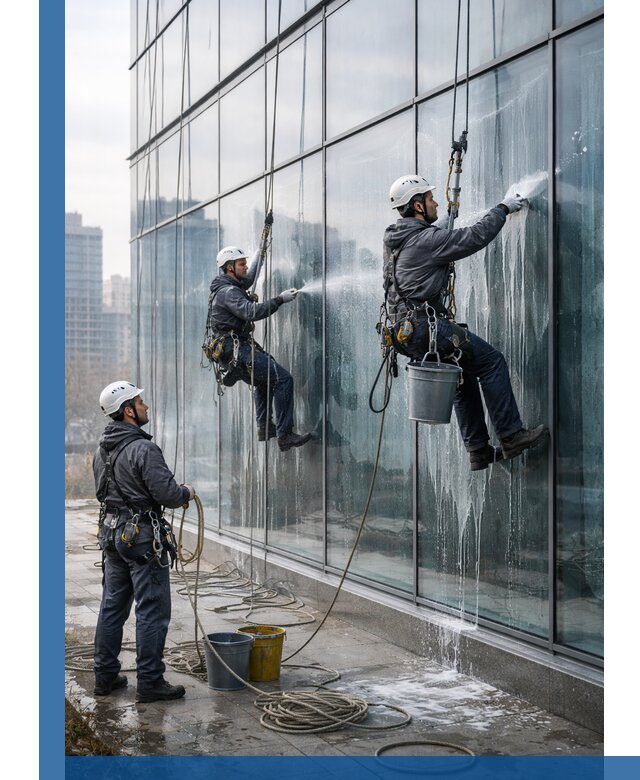 Промышленная мойка панорамных окон на высоте в Новоуральске