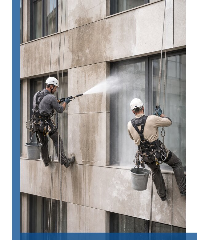 Послестроительная мойка фасада промышленным альпинизмом в Новоуральске