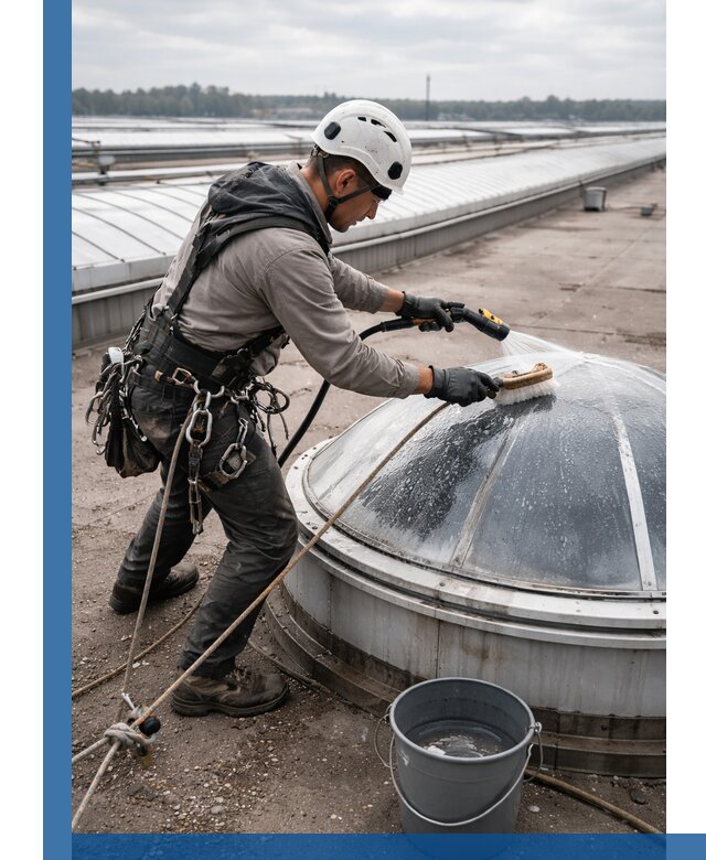 Мойка зенитных фонарей на кровле для промышленных объектов в Новоуральске