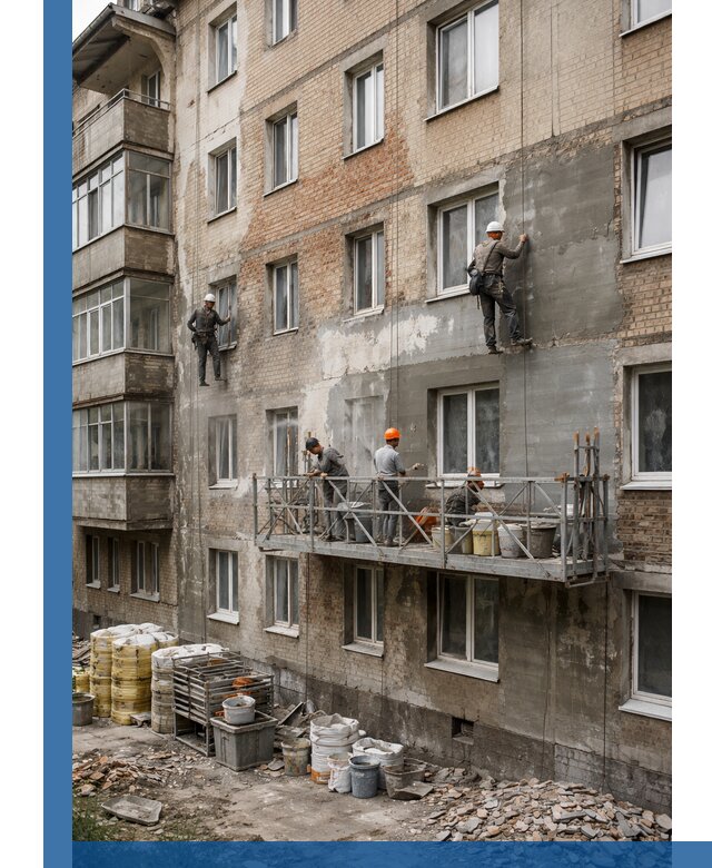 Капитальный ремонт фасада в Новоуральске с восстановлением и гидроизоляцией