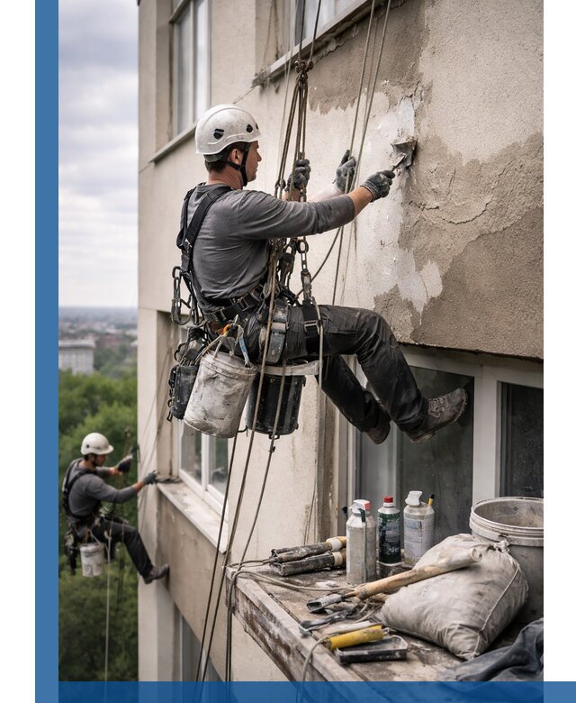Косметический ремонт фасада зданий в Новоуральске промышленными альпинистами