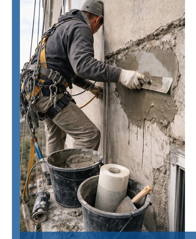 Ремонт бетонных элементов фасада промышленными альпинистами в Новоуральске