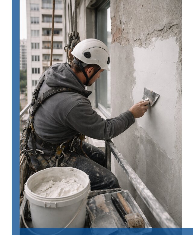 Шпаклевка фасадов на высоте с промальпинистами в Новоуральске