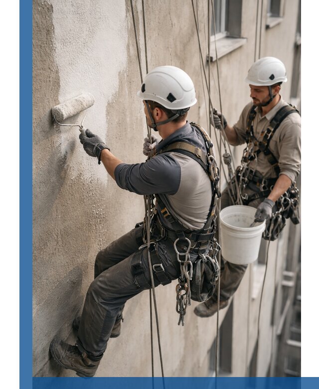 Грунтовка фасада на высоте в Новоуральске промышленными альпинистами