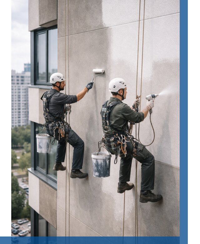 Покраска фасада альпинистами в Новоуральске от 306 р. | ВЫСОТНИК-Нву