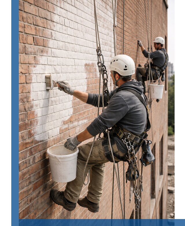 Покраска кирпичного фасада с доступным альпинистским сервисом в Новоуральске