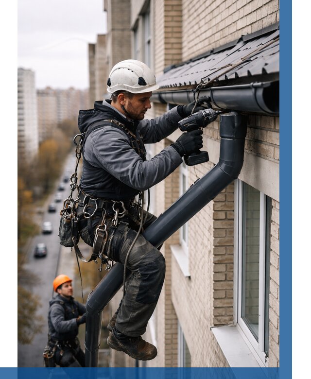 Монтаж водосточной системы на здании в Новоуральске от 5104 р. | ВЫСОТНИК-Нву