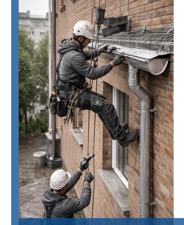 Монтаж водосточной системы на здании в Новоуральске под ключ