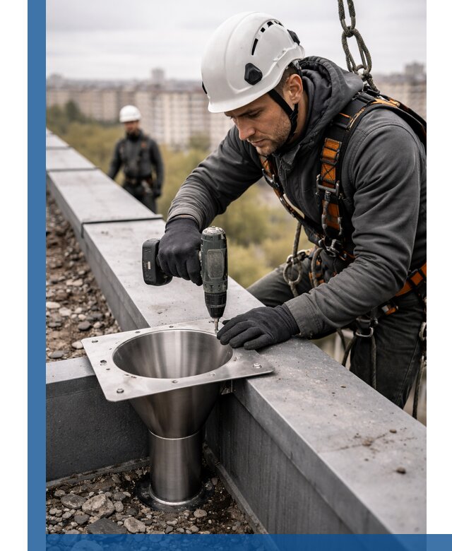 Монтаж водосточных воронок в Новоуральске для промышленных зданий