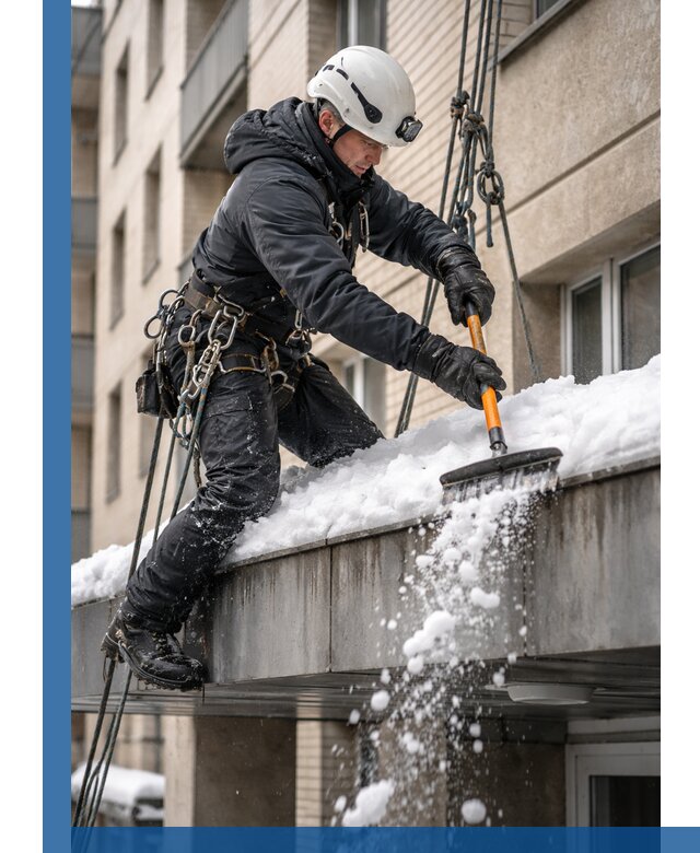 Очистка козырьков от снега в Новоуральске круглогодично безопасно