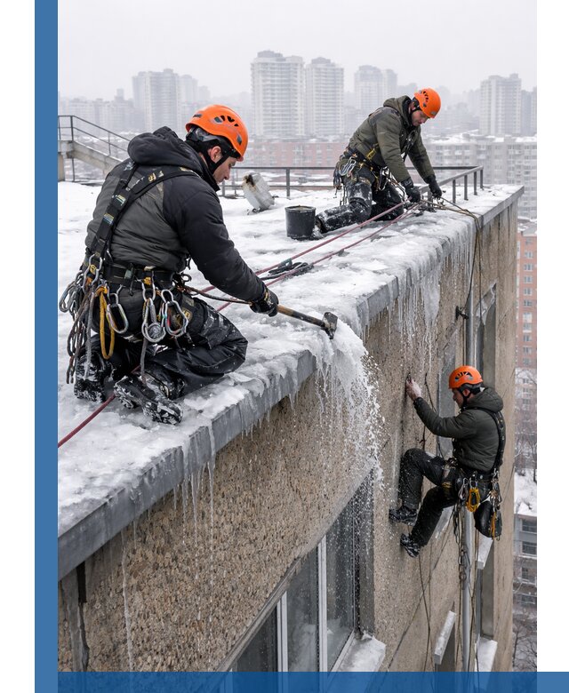 Удаление наледи с кровли в Новоуральске промышленными альпинистами