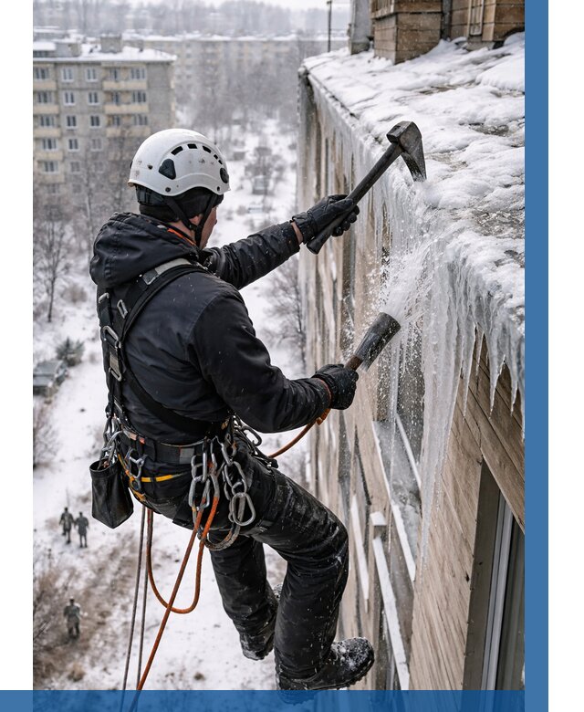 Сбивание сосулек с крыши в Новоуральске по цене от 4594 р. | ВЫСОТНИК-Нву