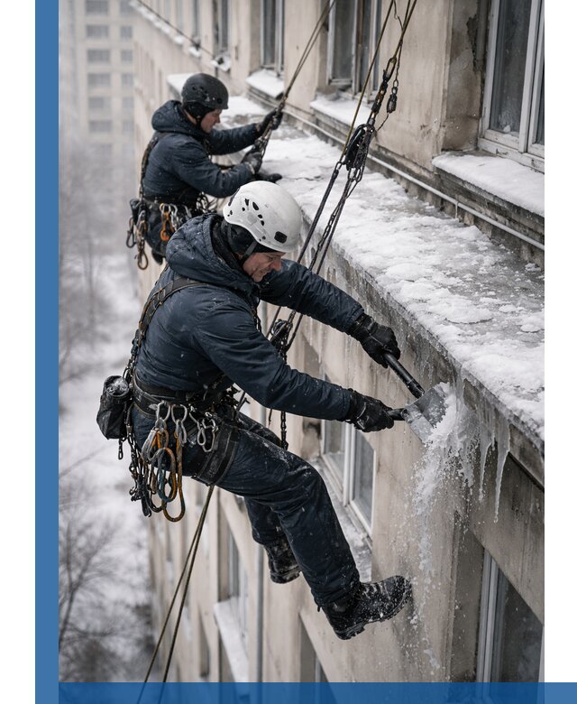 Удаление наледи и сосулек с карнизов в Новоуральске профессионально