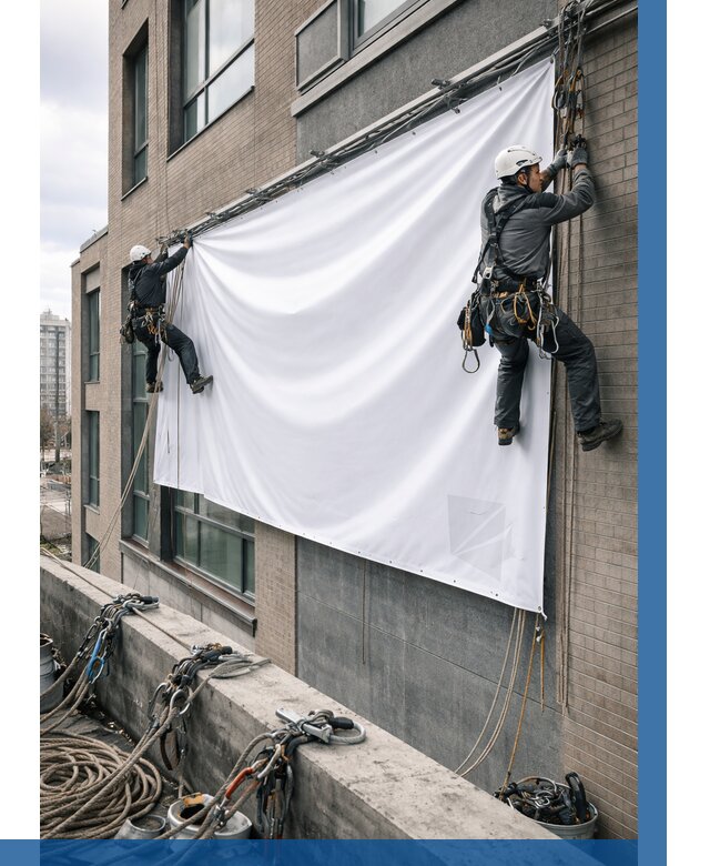 Монтаж баннеров на фасаде в Новоуральске от 664 р. заказать ВЫСОТНИК-Нву