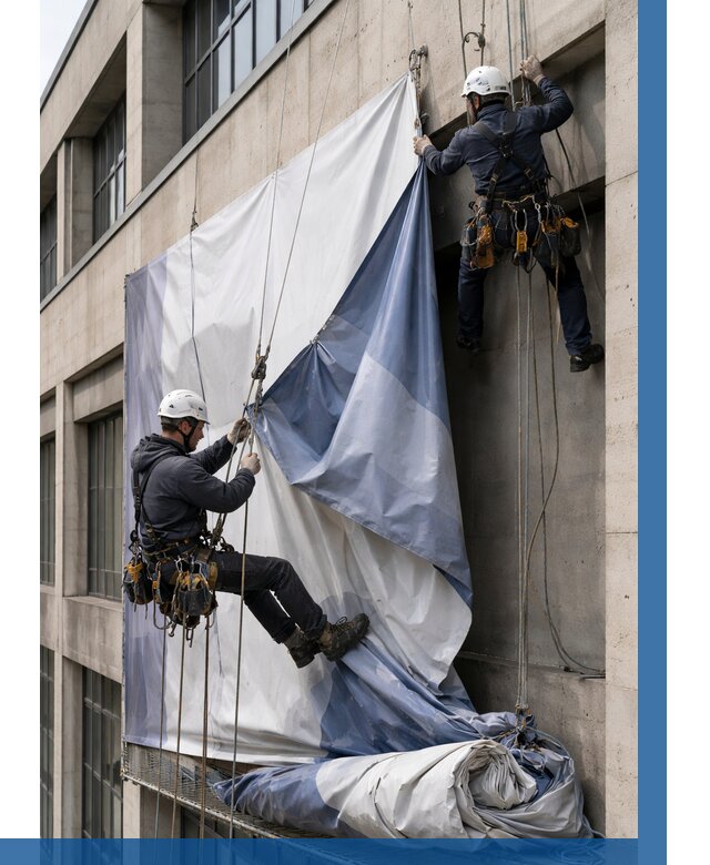 Демонтаж баннеров с фасада в Новоуральске от 4594 р. | ВЫСОТНИК-Нву