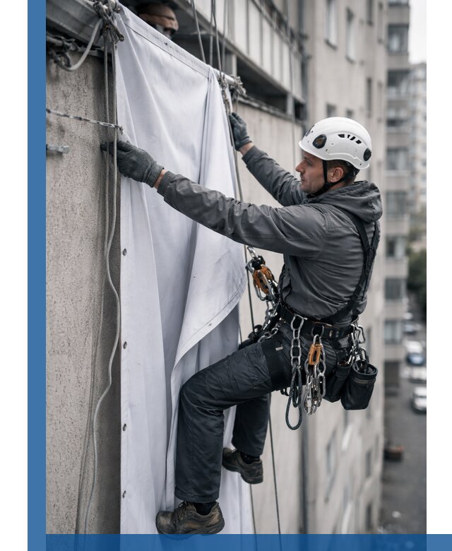 Замена баннерного полотна промышленными альпинистами в Новоуральске