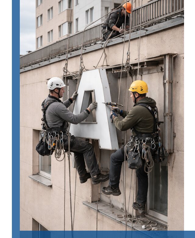 Ремонт и восстановление наружных вывесок на высоте в Новоуральске