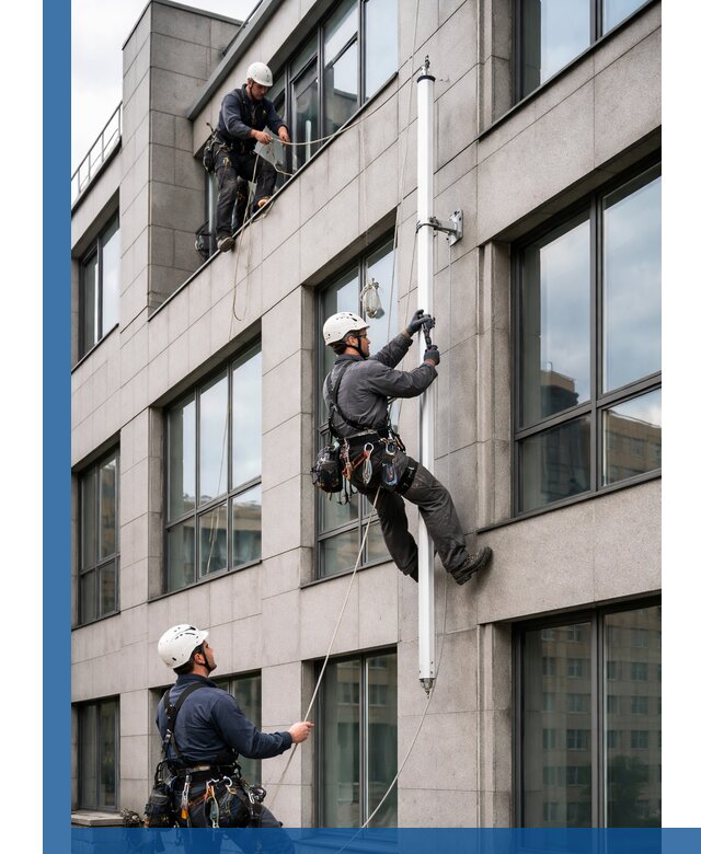 Монтаж флагштока на фасаде здания с креплением и герметикой в Новоуральске