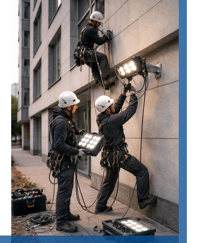 Монтаж прожекторов на фасаде в Новоуральске от 7656 р. | ВЫСОТНИК-Нву