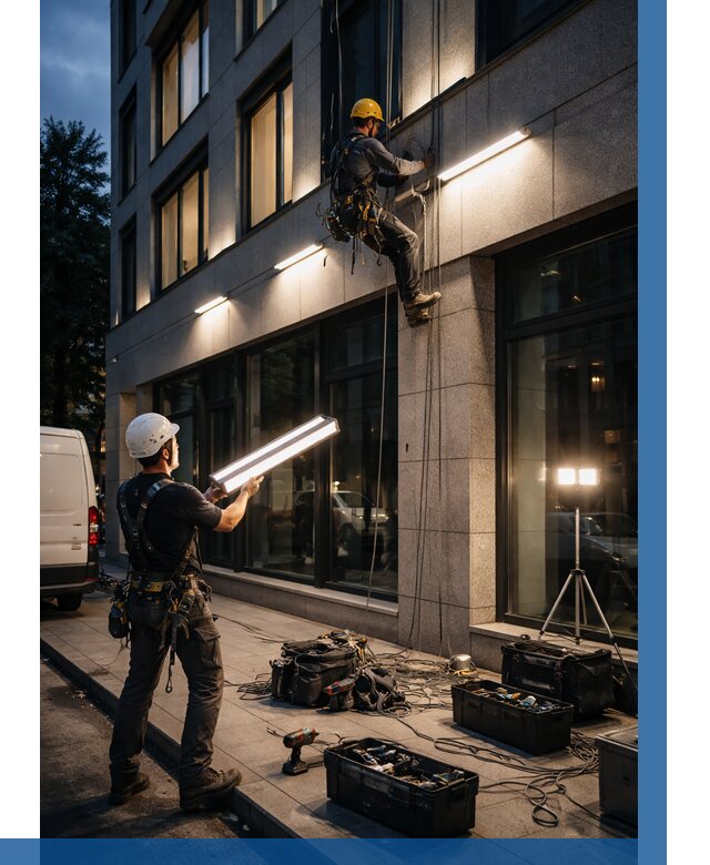 Монтаж архитектурной подсветки здания в Новоуральске от 2552 р.|ВЫСОТНИК-Нву