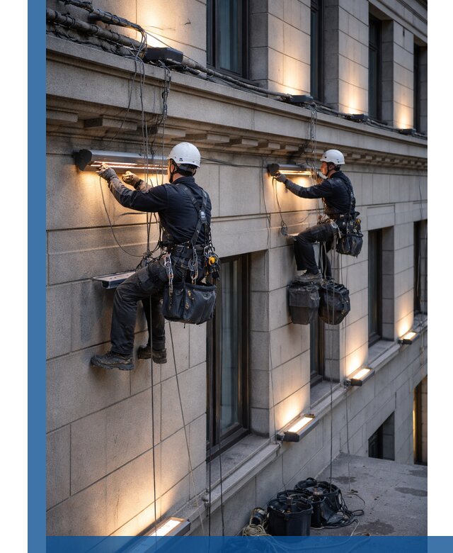 Монтаж архитектурной подсветки фасадов зданий в Новоуральске