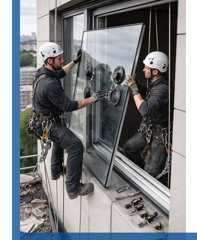 Замена стеклопакетов на высоте с промышленными альпинистами в Новоуральске