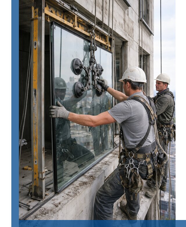 Монтаж стеклопакетов на высоте в Новоуральске с промышленным альпинизмом