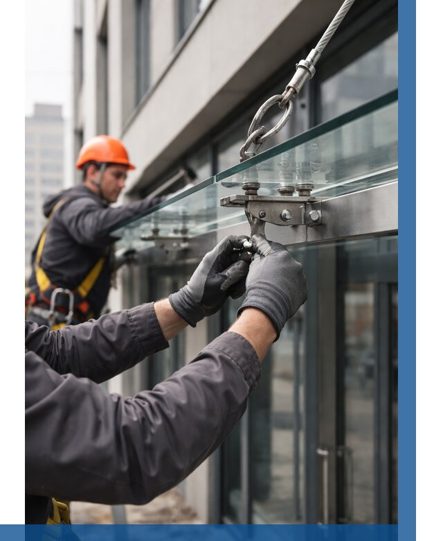 Монтаж стеклянных козырьков в Новоуральске от 8677 р. | ВЫСОТНИК-Нву