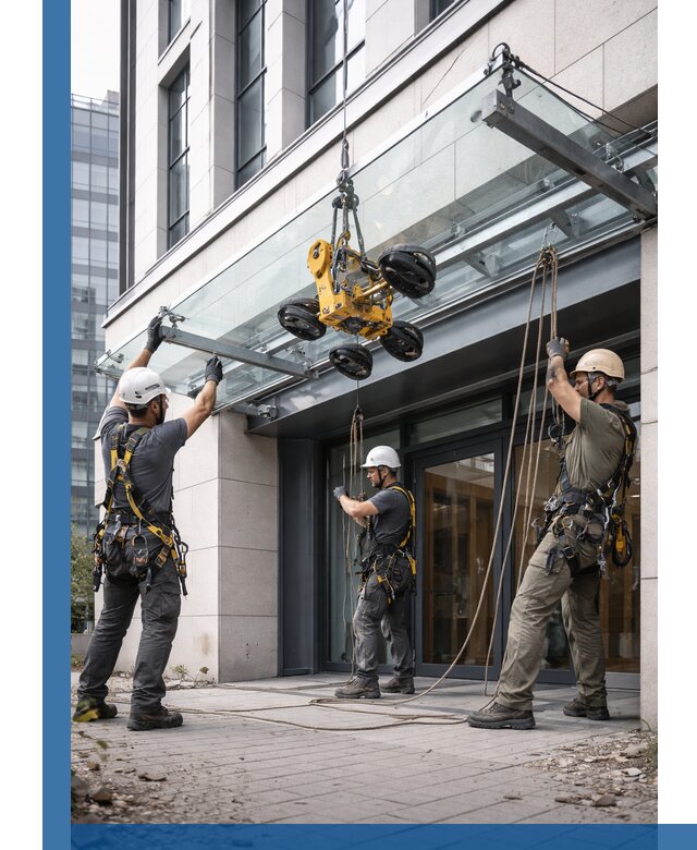 Монтаж стеклянных козырьков под ключ в Новоуральске для зданий