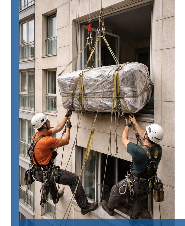 Подъем грузов через окно в Новоуральске промышленными альпинистами