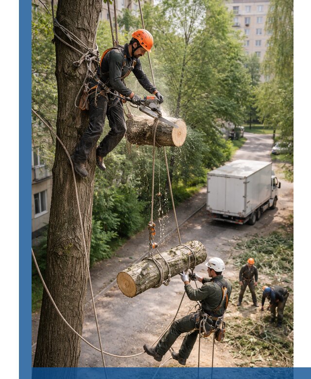 Спил деревьев альпинистами в Новоуральске, безопасно и без повреждений