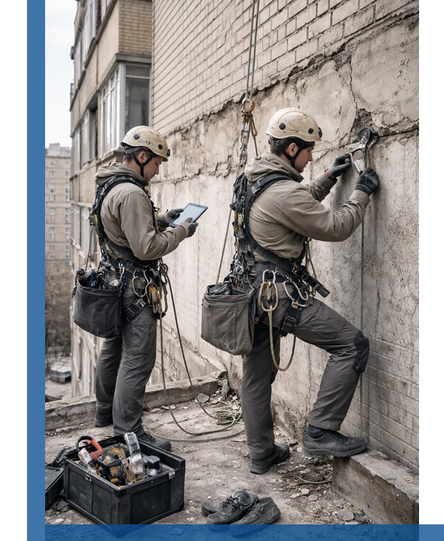 Обследование фасада промышленными альпинистами в Новоуральске